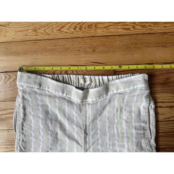 Loft Women Tan White Stripe Pocket Elastic Waist Cropped Linen Petite Med Pants - Picture 3 of 7